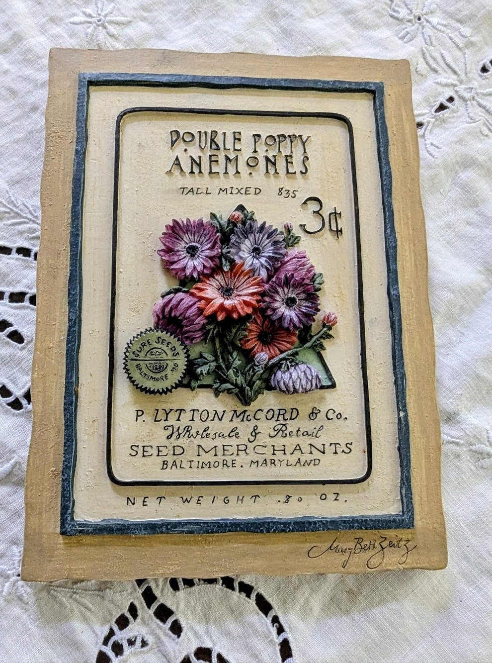 3D Double Poppy Anemones Lytton McCord Wall Plaque - Mary Beth Zeitz 6.5" x 4.5"
